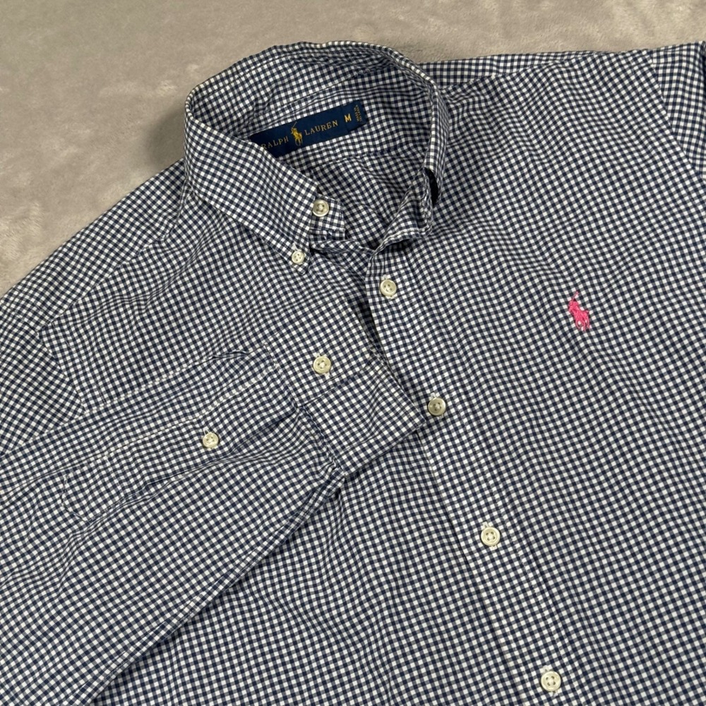 Ralph Lauren Button Down Mens Size M Navy Gingham Pink Pony Cotton Shirt